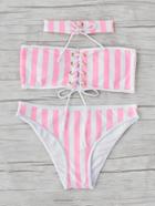 Romwe Vertical Striped Lace Up Bikini Set With Choker