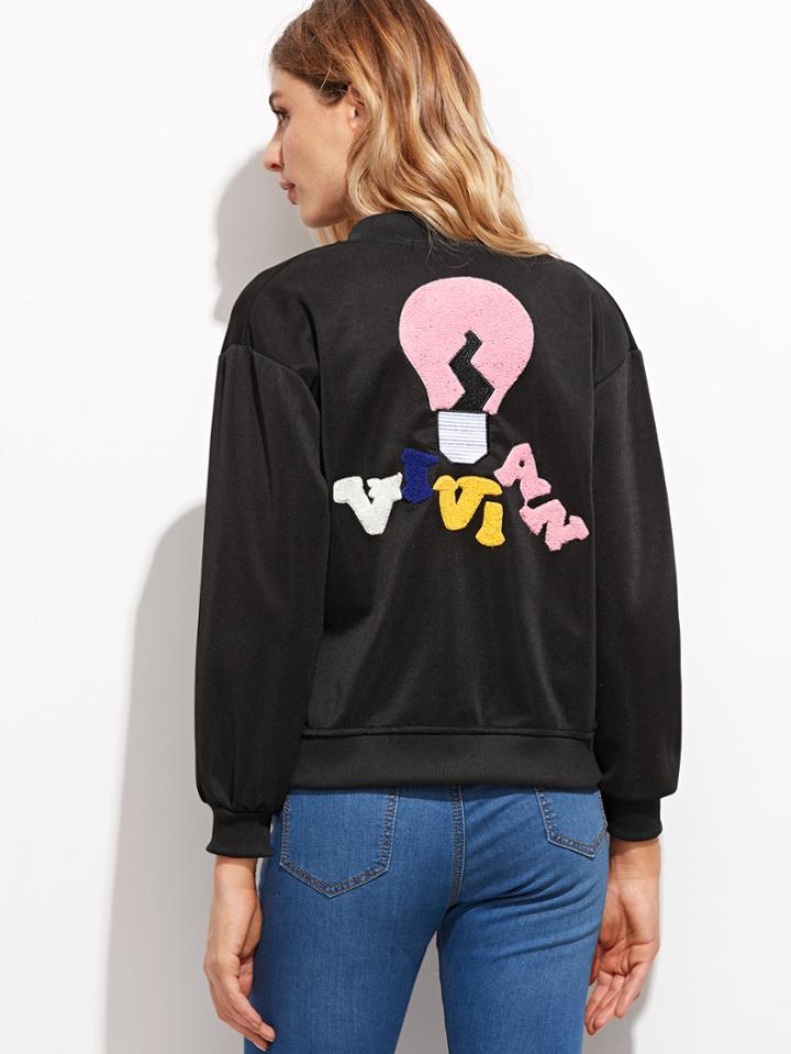 Romwe Black Light Bulb Patches Baseball Jacket