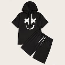 Romwe Guys Graffiti Face Drawstring Hoodie & Shorts Set