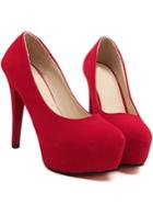 Romwe Red Round Toe Suede High Stiletto Heel Pumps