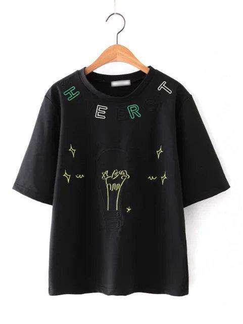 Romwe Black Short Sleeve Bulb Embroidery Casual T-shirt