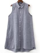 Romwe Grey Sleeveless Button Dipped Hem Stripe Blouse
