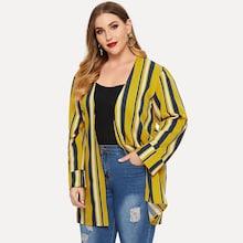 Romwe Plus Open Front Striped Coat