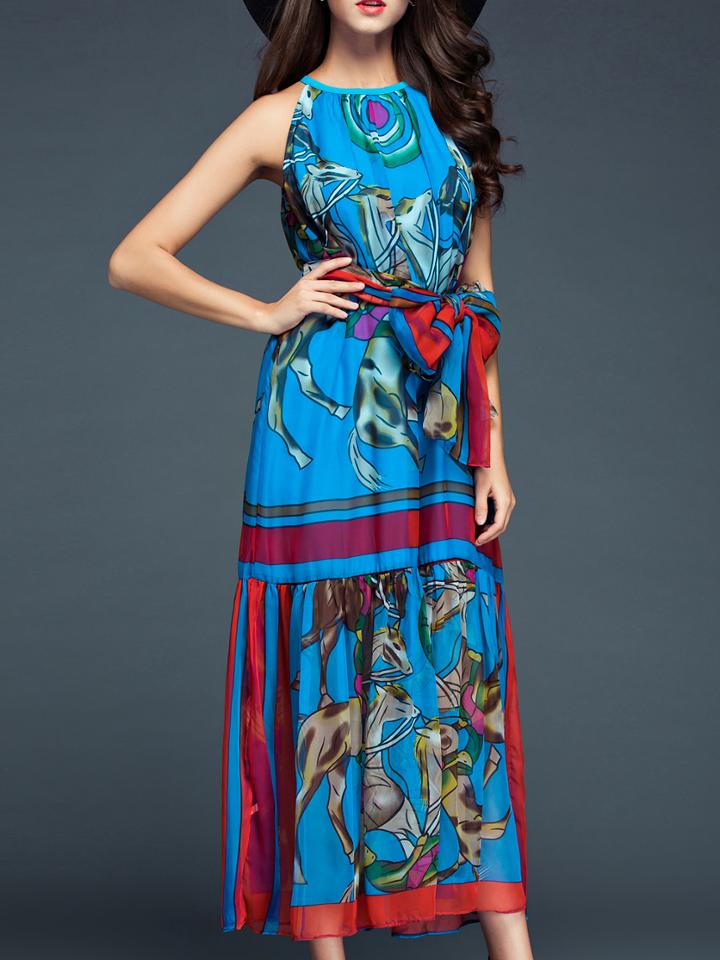 Romwe Blue Halter Tie-waist Print Dress