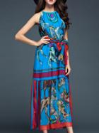 Romwe Blue Halter Tie-waist Print Dress