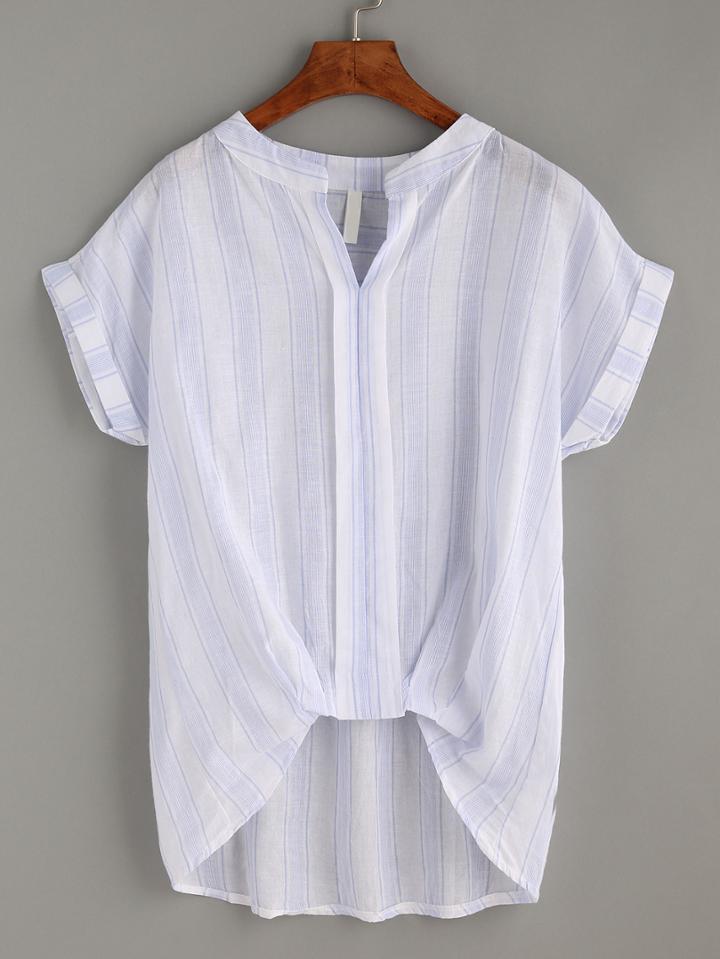 Romwe Pale Blue Striped Notch Neck Cuffed Sleeve Dip Hem Blouse