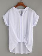 Romwe Pale Blue Striped Notch Neck Cuffed Sleeve Dip Hem Blouse