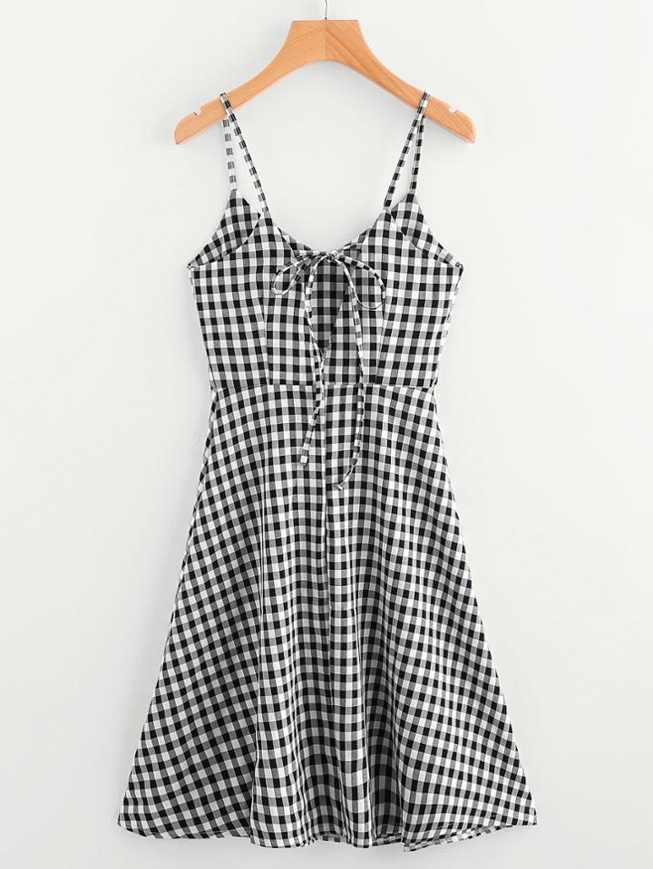 Romwe Checked Self Tie Open Back Flare Cami Dress