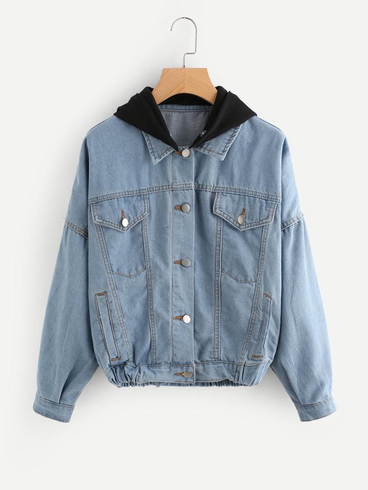 Romwe Drop Shoulder Contrast Hooded Single Breasted Denim Jacket