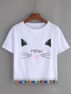 Romwe White Cat Print Tassel Trim T-shirt