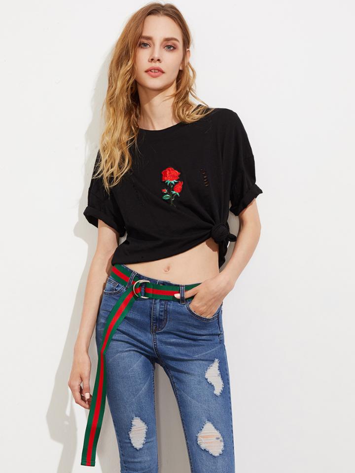 Romwe Striped Double D-ring Belt
