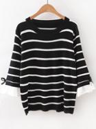 Romwe Black Striped Ruffle Sleeve Sweater With Bow Tie