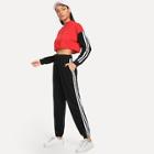 Romwe Quarter Zip Contrast Striped Side Top With Pant