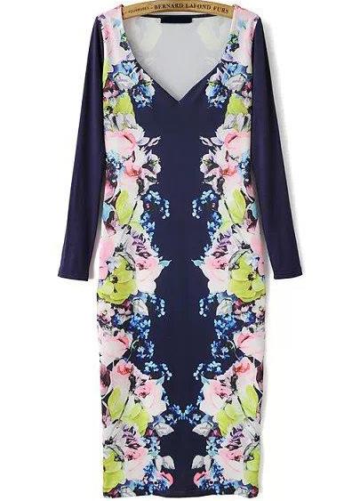 Romwe V Neck Floral Print Bodycon Dress