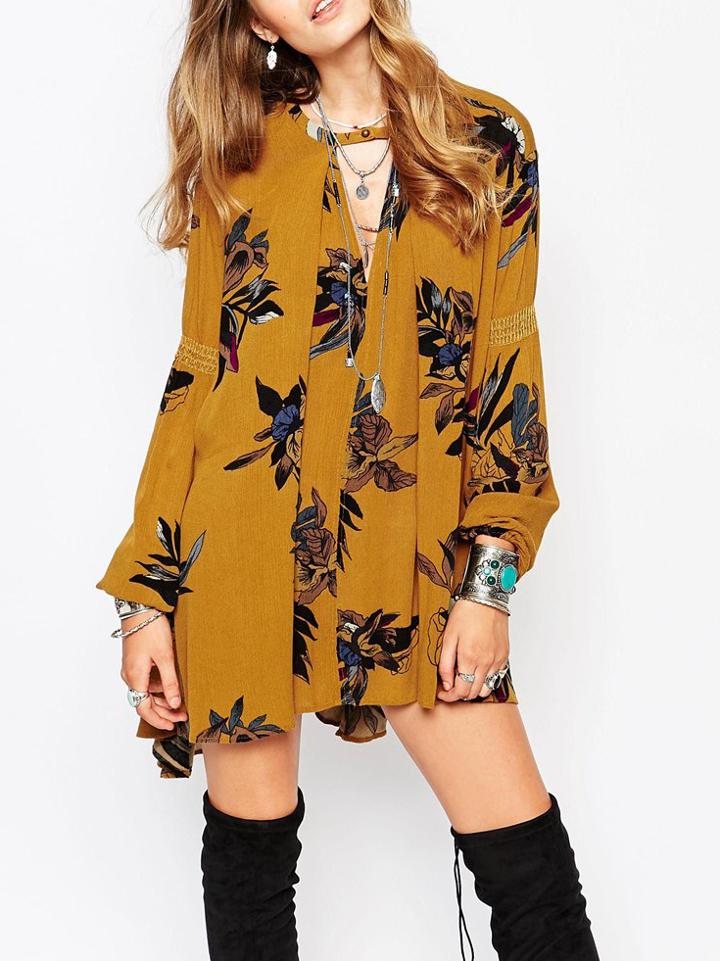 Romwe Yellow Long Sleeve V Neck Floral Dress