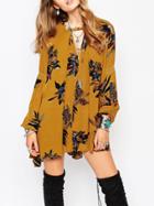 Romwe Yellow Long Sleeve V Neck Floral Dress