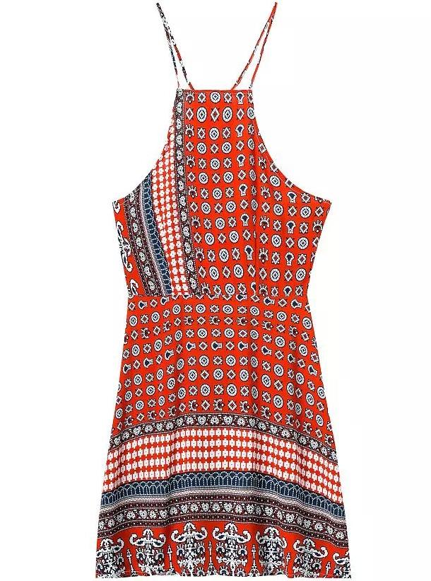Romwe Spaghetti Strap Geometric Print Orange Dress