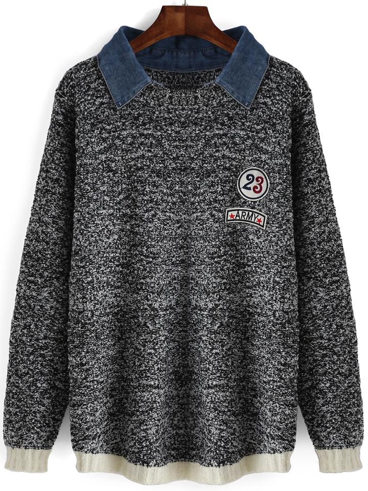 Romwe Contrast Denim Lapel Patch Black Sweater
