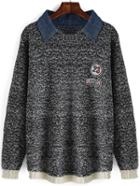 Romwe Contrast Denim Lapel Patch Black Sweater