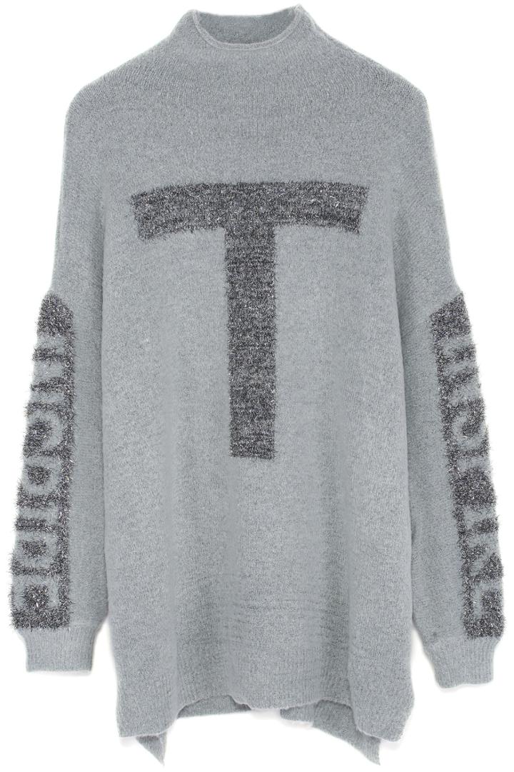 Romwe High Neck Metallic Panel Grey Jumper
