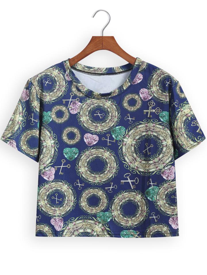 Romwe Key Print Green T-shirt