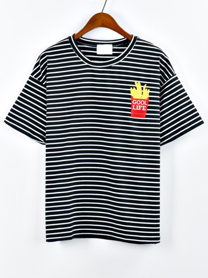 Romwe French Fries Embroidered Striped T-shirt - Black