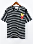 Romwe French Fries Embroidered Striped T-shirt - Black