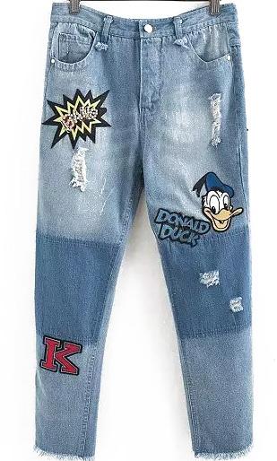 Romwe With Diamond Donald Duck Patch Ripped Denim Pant