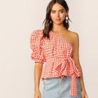 Romwe One Shoulder Gathered Sleeve Gingham Belted Top