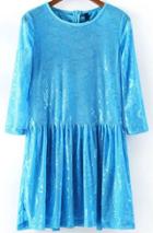 Romwe Blue Round Neck Lace Pleated Dress