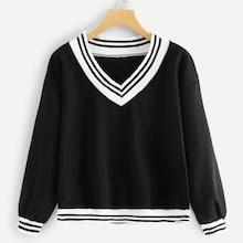 Romwe V Neck Striped Sweatshirt