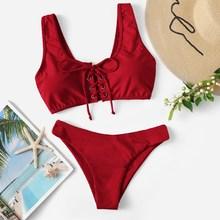 Romwe Lace-up Tank Top With High Leg Bikini Set