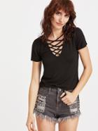 Romwe Black Criss Cross Deep V Neck T-shirt