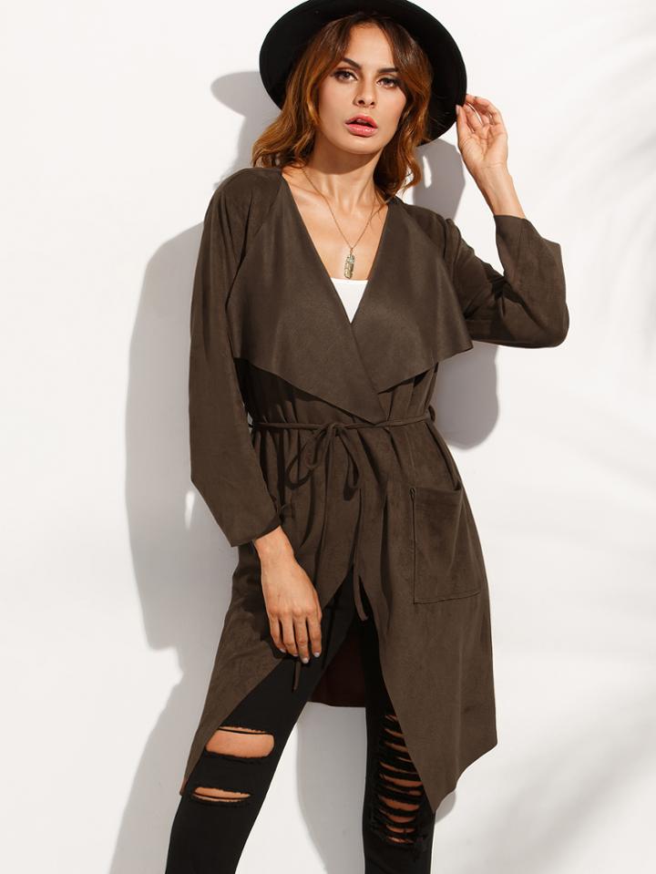 Romwe Brown Lapel Tie Waist Long Outerwear