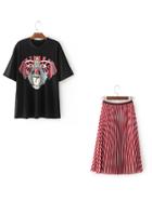 Romwe Grimace Print Tee With A Line Long Skirt
