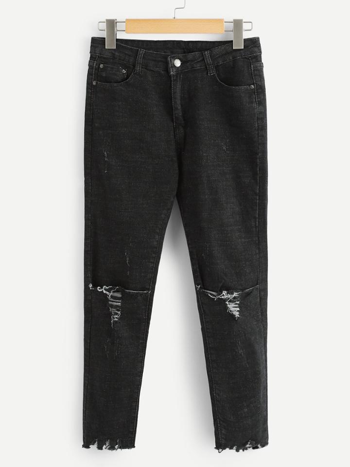 Romwe Raw Hem Knee Rips Jeans