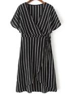 Romwe Black Stripe Deep V Neck Cape Sleeve Wrap Dress