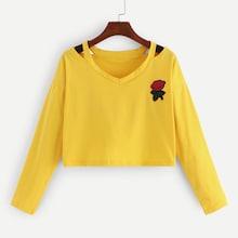 Romwe Cut Out Neck Appliques Crop Tee