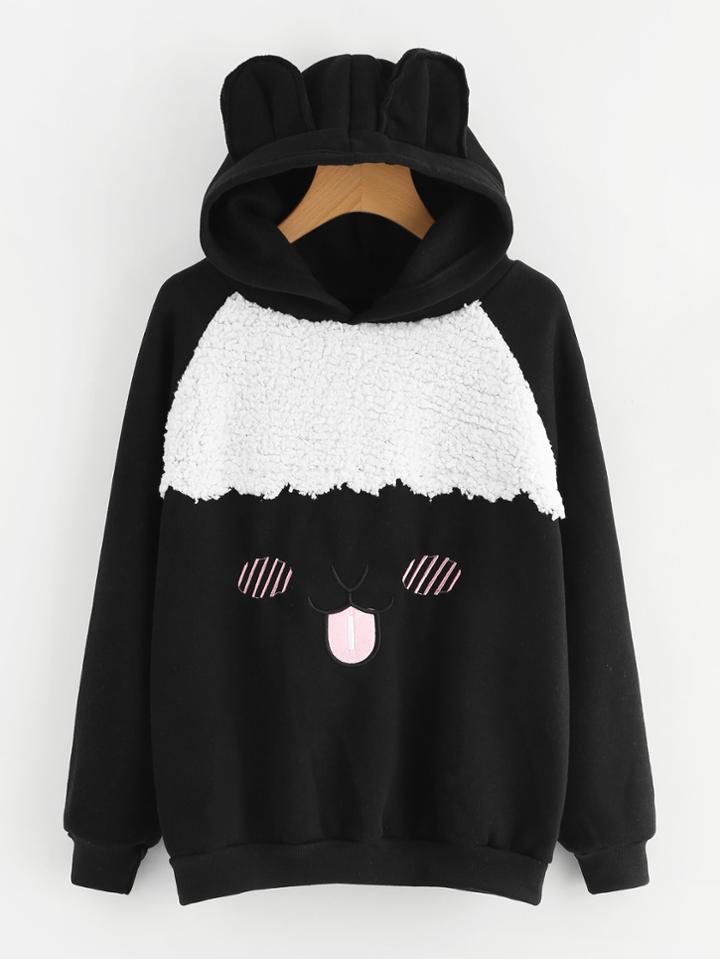 Romwe Contrast Faux Fur Ear Detail Hoodie