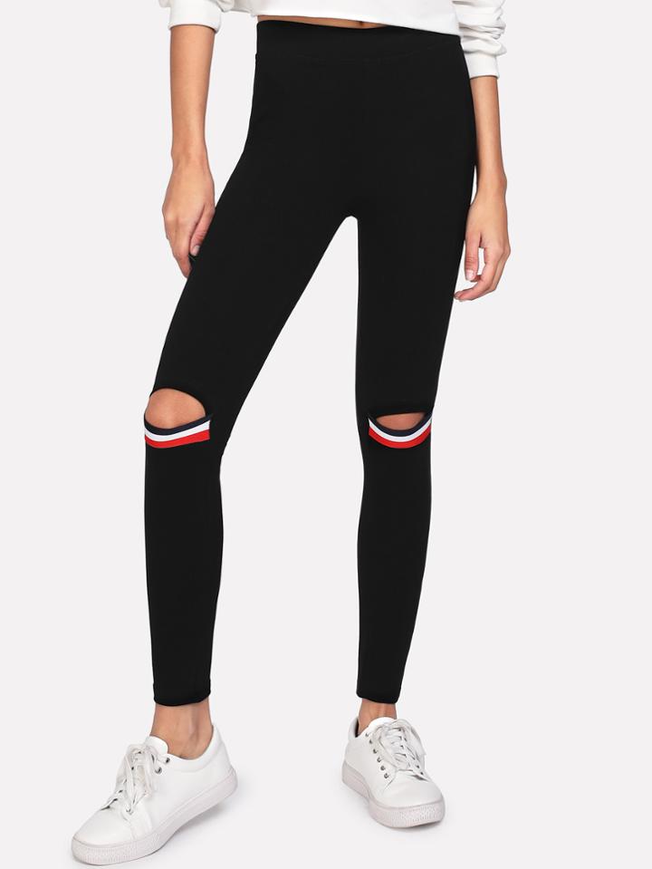 Romwe Striped Tape Ripped Leggings