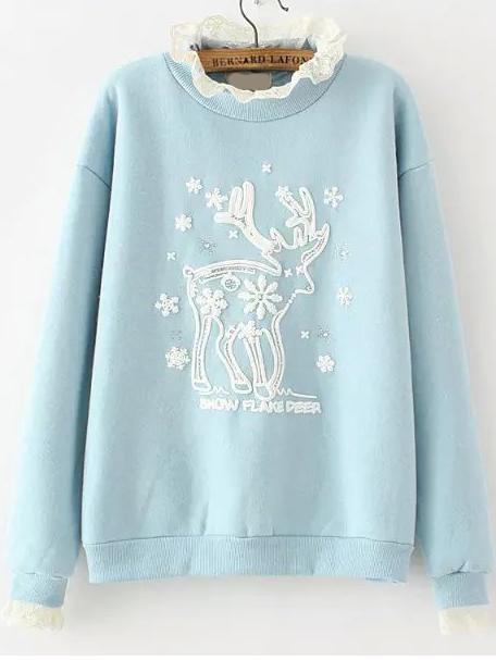 Romwe Stand Collar Contrast Lace Bead Deer Pattern Blue Sweatshirt