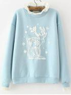 Romwe Stand Collar Contrast Lace Bead Deer Pattern Blue Sweatshirt