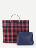 Romwe Gingham Print Tote Bag With Pouch