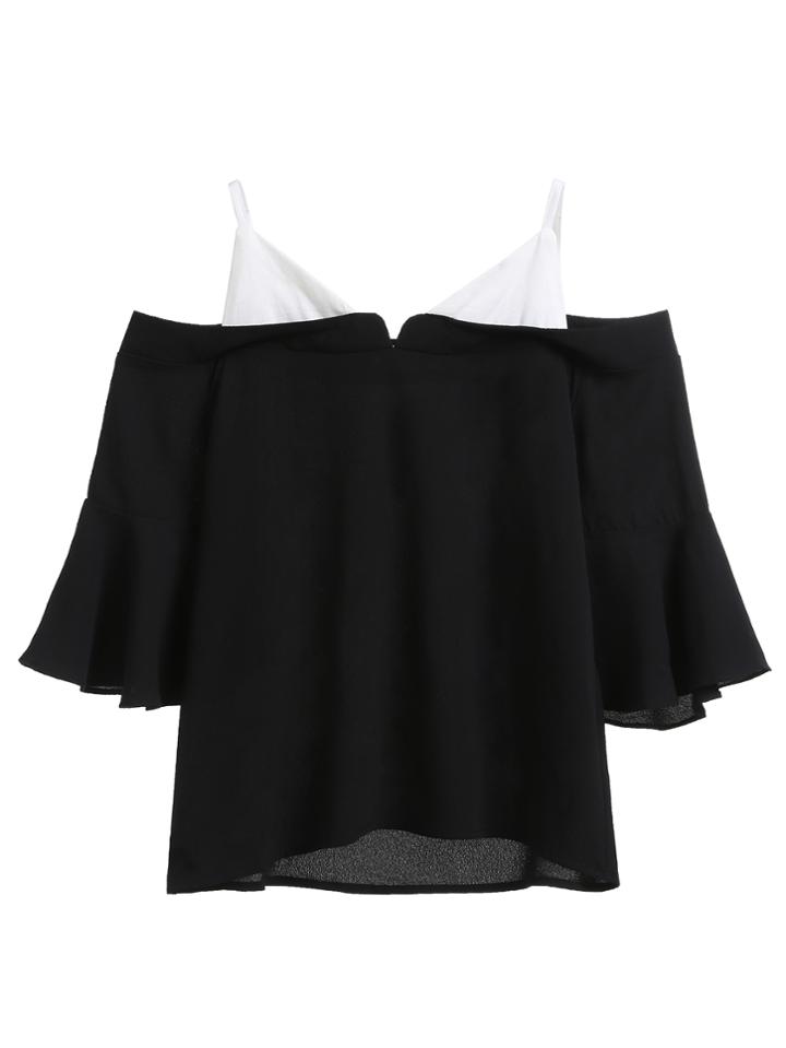 Romwe Black Contrast Cold Shoulder Blouse