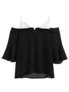 Romwe Black Contrast Cold Shoulder Blouse