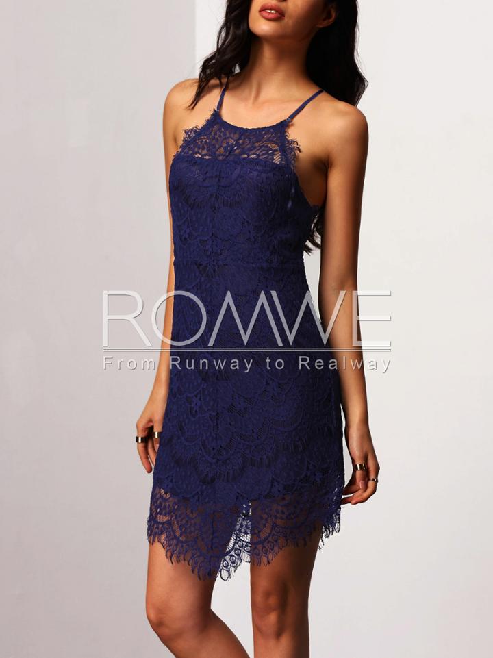 Romwe Navy Spaghetti Strap Lace Embroidered Dress