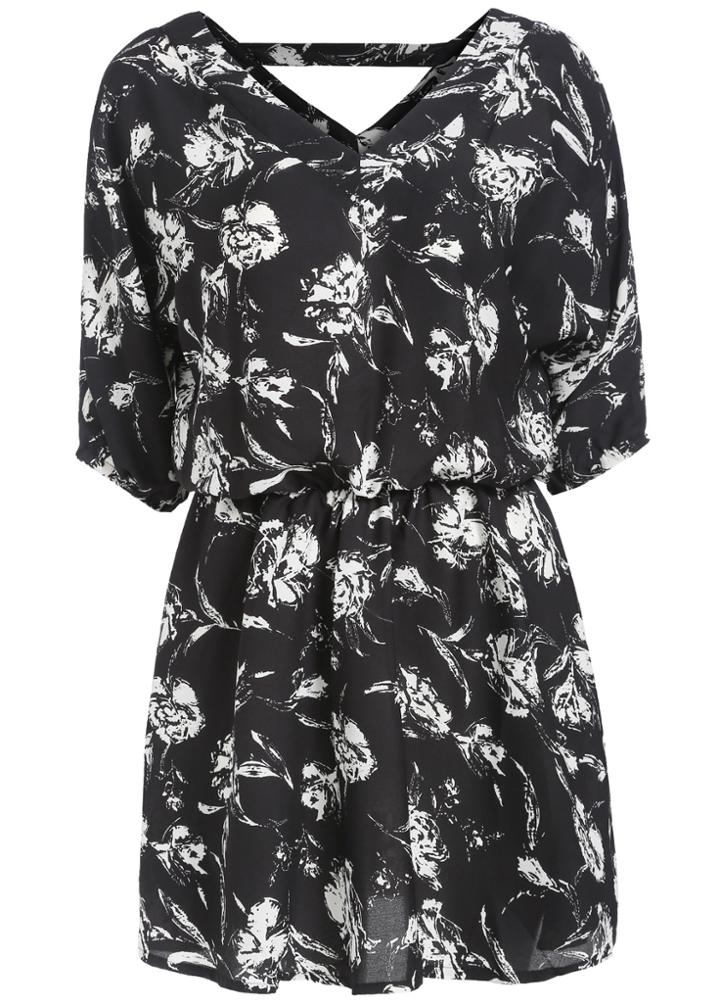 Romwe V Neck Flower Print Chiffon Black Dress