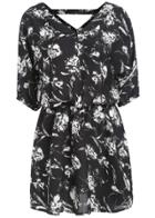 Romwe V Neck Flower Print Chiffon Black Dress