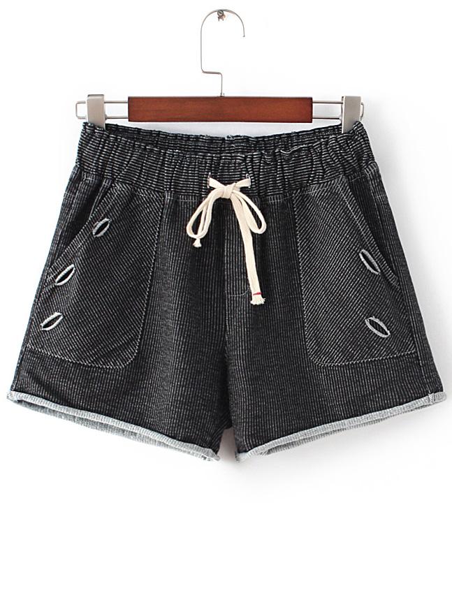 Romwe Black Elastic Waist Turn Up Ripped Shorts