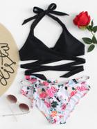 Romwe Tie Waist Rose Print Criss Cross Bikini Set